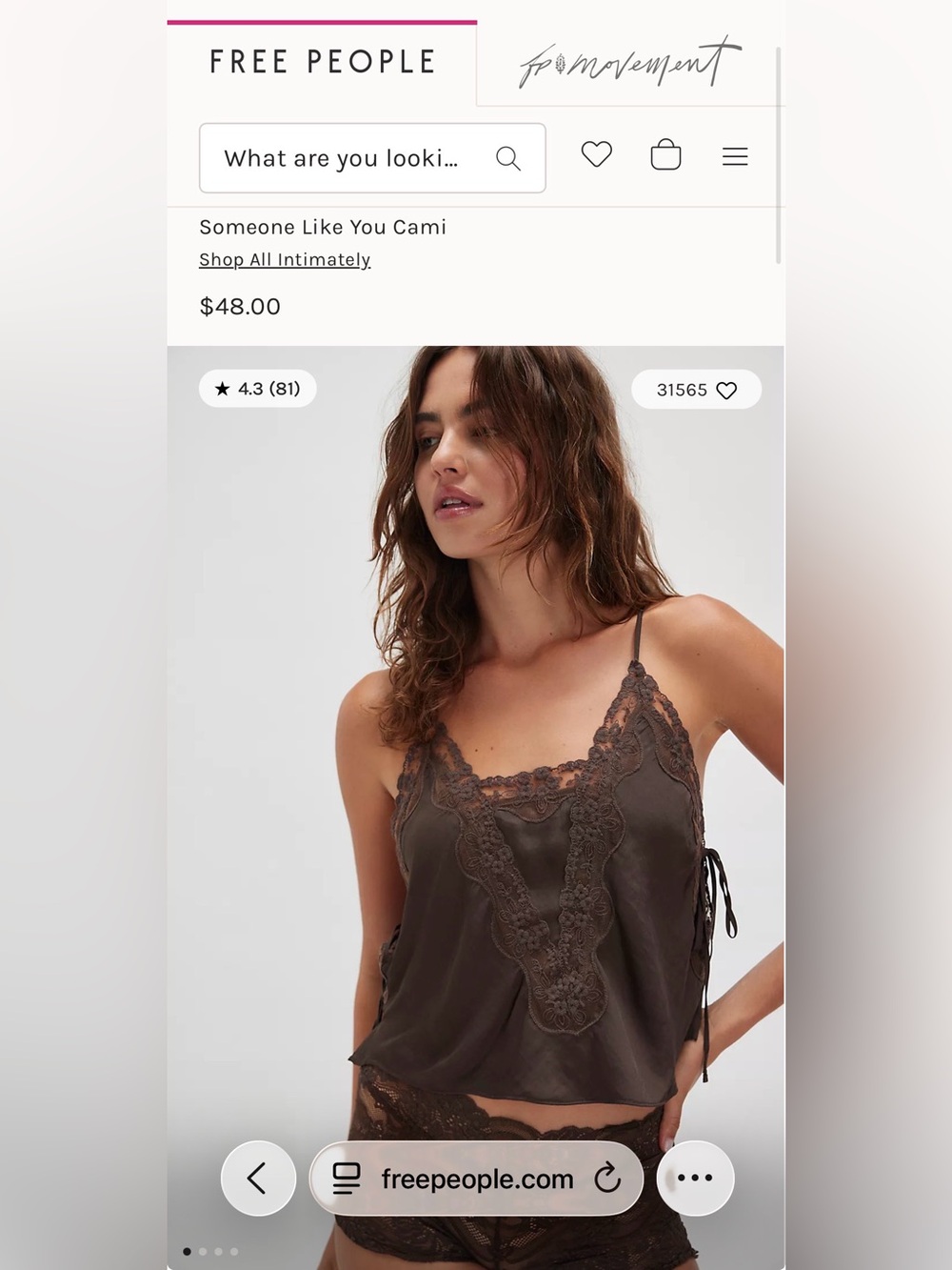 Intimately You Free People Someone Like You Cami Medium Chocolate Satin Lace FP